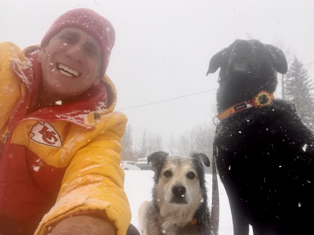 Loving the snow on May 7 with Sunny & Rainbow The Weather Dogs!