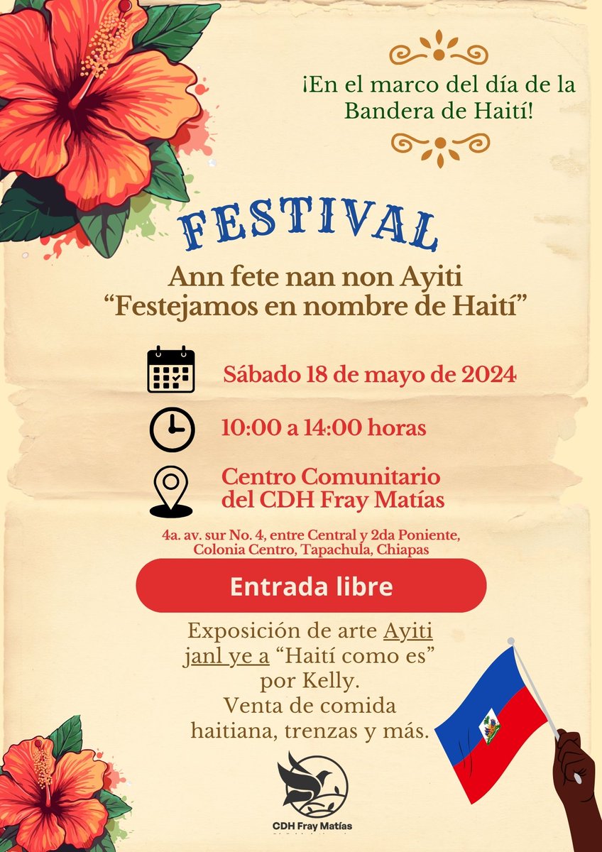 🌺Ann fete nan non Ayiti🌺
Festival Festejamos en Nombre de Haití🇭🇹
En el marco del día de la bandera de Haití, el primer país de América Latina y el Caribe en independizarse, celebramos en nombre de la unión de una nación en contra de la esclavitud.