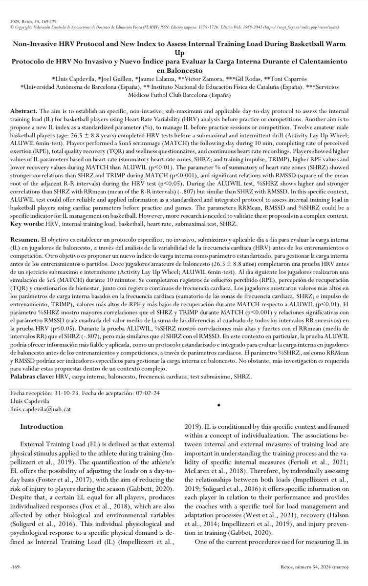 New paper! 📄
A non-invasive HRV protocol and a new index to assess internal training load during basketball warm-up 🏀📊

⬇️Check the link below for the full text⬇️

doi.org/10.47197/retos…