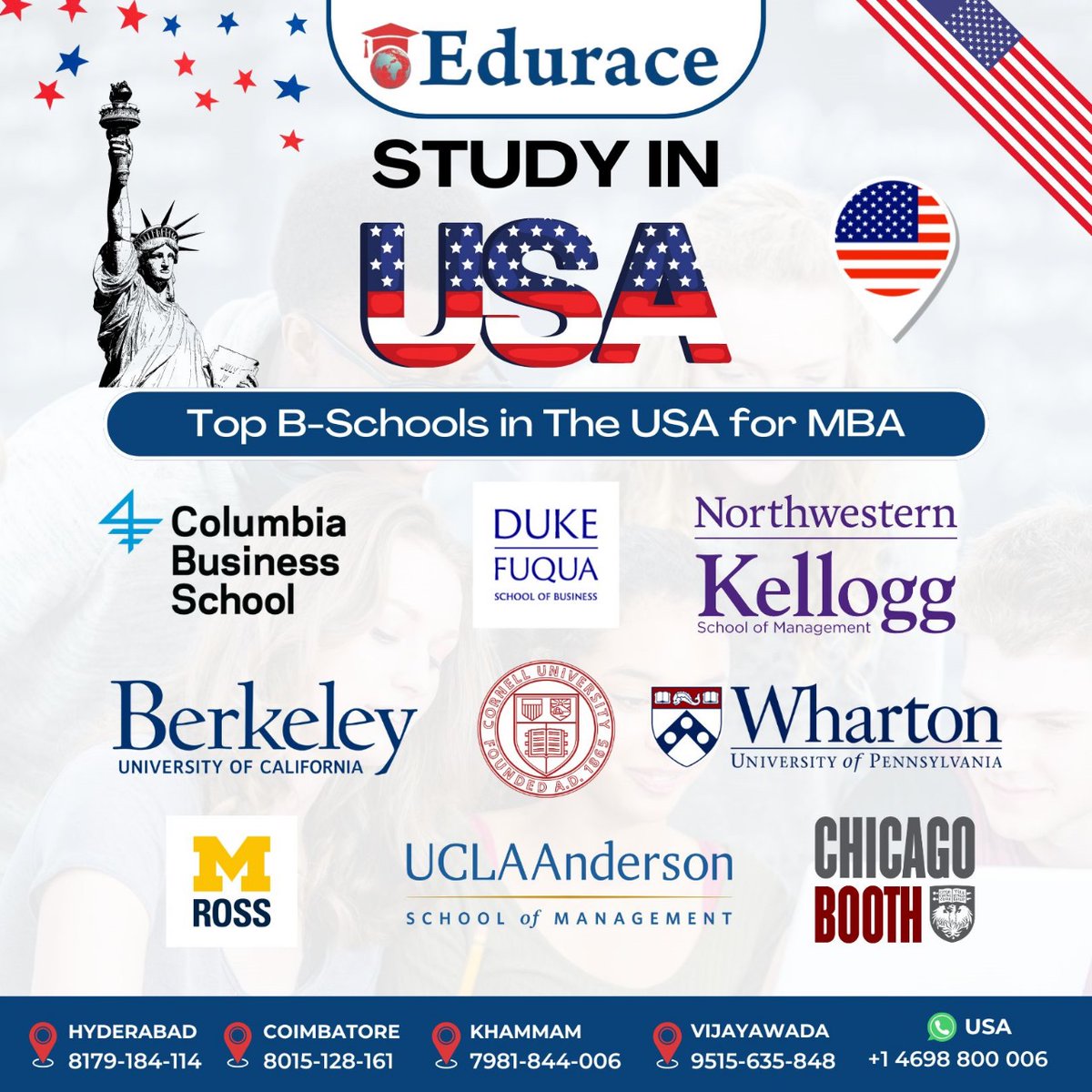 Unlock your potential and elevate your career with an MBA from one of the top business schools in the USA! 🎓🌟 

#StudyAbroad #GlobalEducation #internationaleducation #bschools #overseaseducation #eduraceservices
#studyabroad #mba #useducation