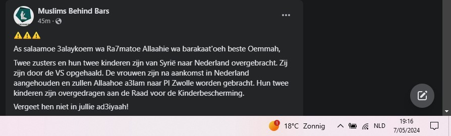 Beruchte jihadbeweging 'Muslims Behind Bars' bericht dat de Amerikanen 2 IS-moslima's en hun 2 kinderen hebben gerepatrieerd vanuit Syrië naar Nederland.