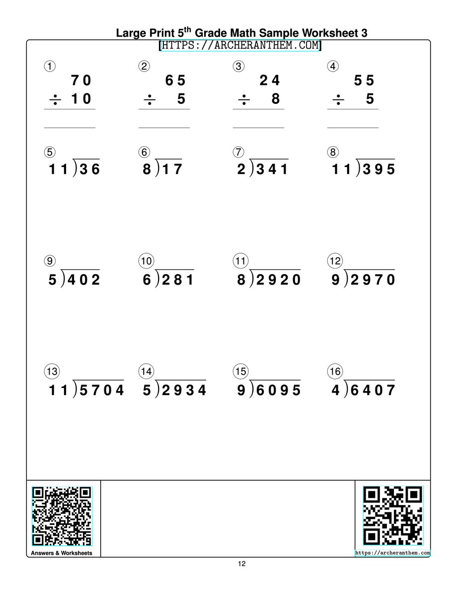 Large Print 5th Grade Math Divisions Printable Worksheet  [ARCHERANTHEM.COM] Designed for Children with Low Vision, but Helpful for All Children. Scan QR Code for Answers and More Sample Worksheets. 

archeranthem.com/workbooks/larg…

#homeschool #math #largeprint #SightLoss