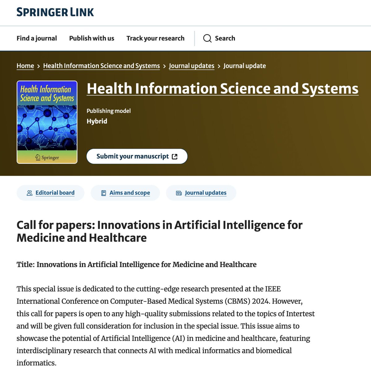 Beto Ochoa-Ruiz (@beto_ochoaruiz) on Twitter photo I am glad to announce that we will be editing a special issue for the journal of Health Information Science and Systems (<a href="/SpringerNature/">Springer Nature</a> , Q1 in medical informatics)
The team behind the special issue is constituted by myself as lead guest editor and my colleagues Sharib Ali I am glad to announce that we will be editing a special issue for the journal of Health Information Science and Systems (<a href="/SpringerNature/">Springer Nature</a> , Q1 in medical informatics)
The team behind the special issue is constituted by myself as lead guest editor and my colleagues Sharib Ali