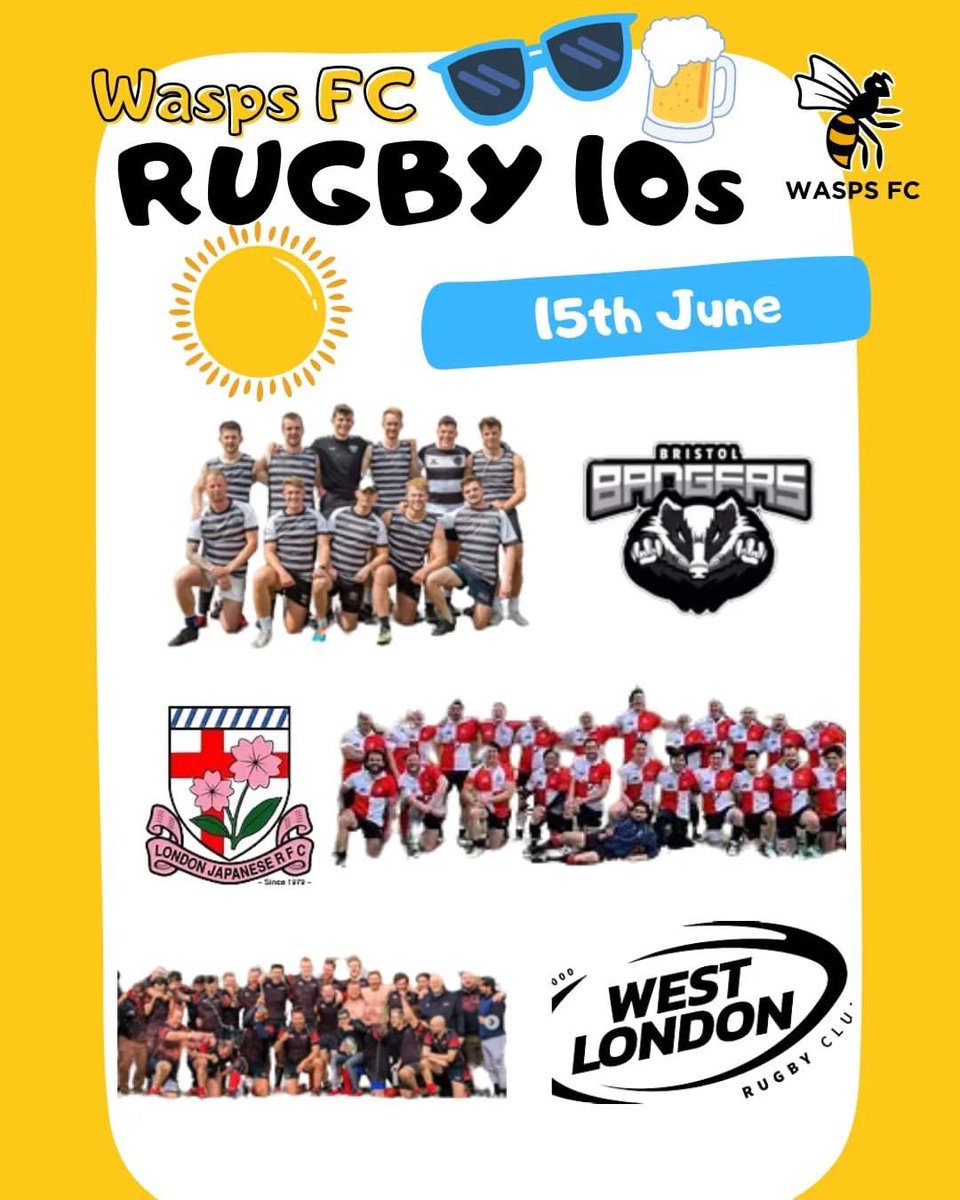 𝗪𝗔𝗦𝗣𝗦 𝗙𝗖 𝟭𝟬𝘀 Our three new entries into the Men's social category: The Bristol Badgers London Japanese West London RFC There is one spot left in the Men's social category sign up now to avoid disappointment #WaspsFC #Rugby #London #OnceAWasp 🐝