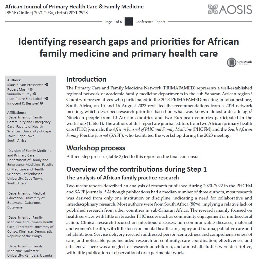 Thanks to the co-facilitators & co-authors of this conference report and the workshop attendees. phcfm.org/index.php/phcf… This report represents an updated reflection by members of the #PRIMAFAMED network on the #research priorities and capacity-building needs of the #SSA region.