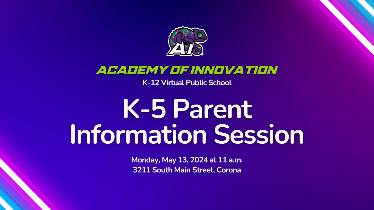 💻 Join the Academy of Innovation for a Family Information Session! This session is designed for incoming Kinder-5th grade families for the 2024-25 school year. 📆 Monday, May 13th at 11 a.m. 📍 3211 South Main Street, Corona ✅ RSVP by May 7th: bit.ly/4aUcwct