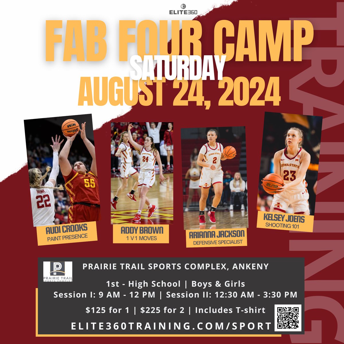 What do you get when you combine one of the nation's best post players, a defensive specialist, a versatile 1 v 1 player, & an elite shooter? FAB FOUR CAMP! 🏀 Join these 4 on Aug 24 at @PrairieTrailSC Attend AM, PM, or both sessions! Register today! elite360training.com/sport