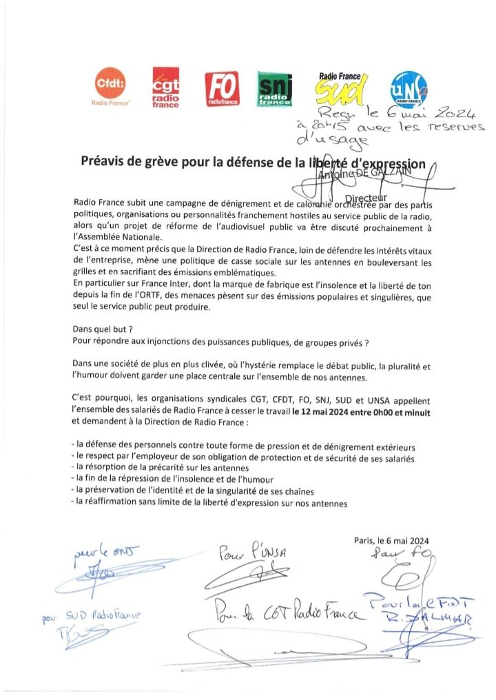 Préavis de grève intersyndical pour la défense de la liberté d'expression à Radio France.