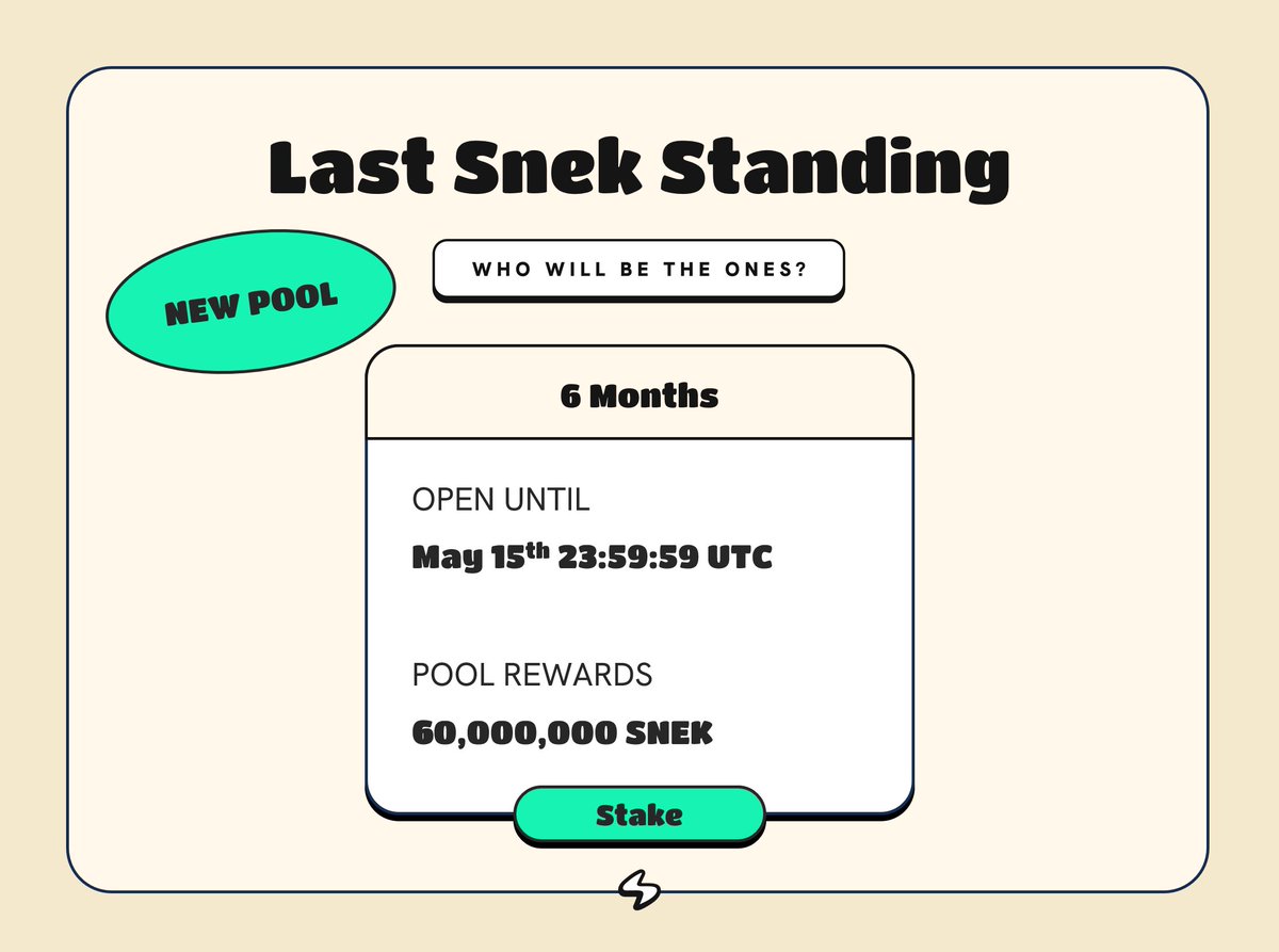 🚨 Last Snek Standing New Pool 🚨 LSS isss back and it might be the lassst time you can earn $SNEK thisss easy 🔥 60,000,000 $SNEK Up for Grabs! 🤑 Pool opens in 6 hoursss (00:00 UTC) 👉 snek.com/staking
