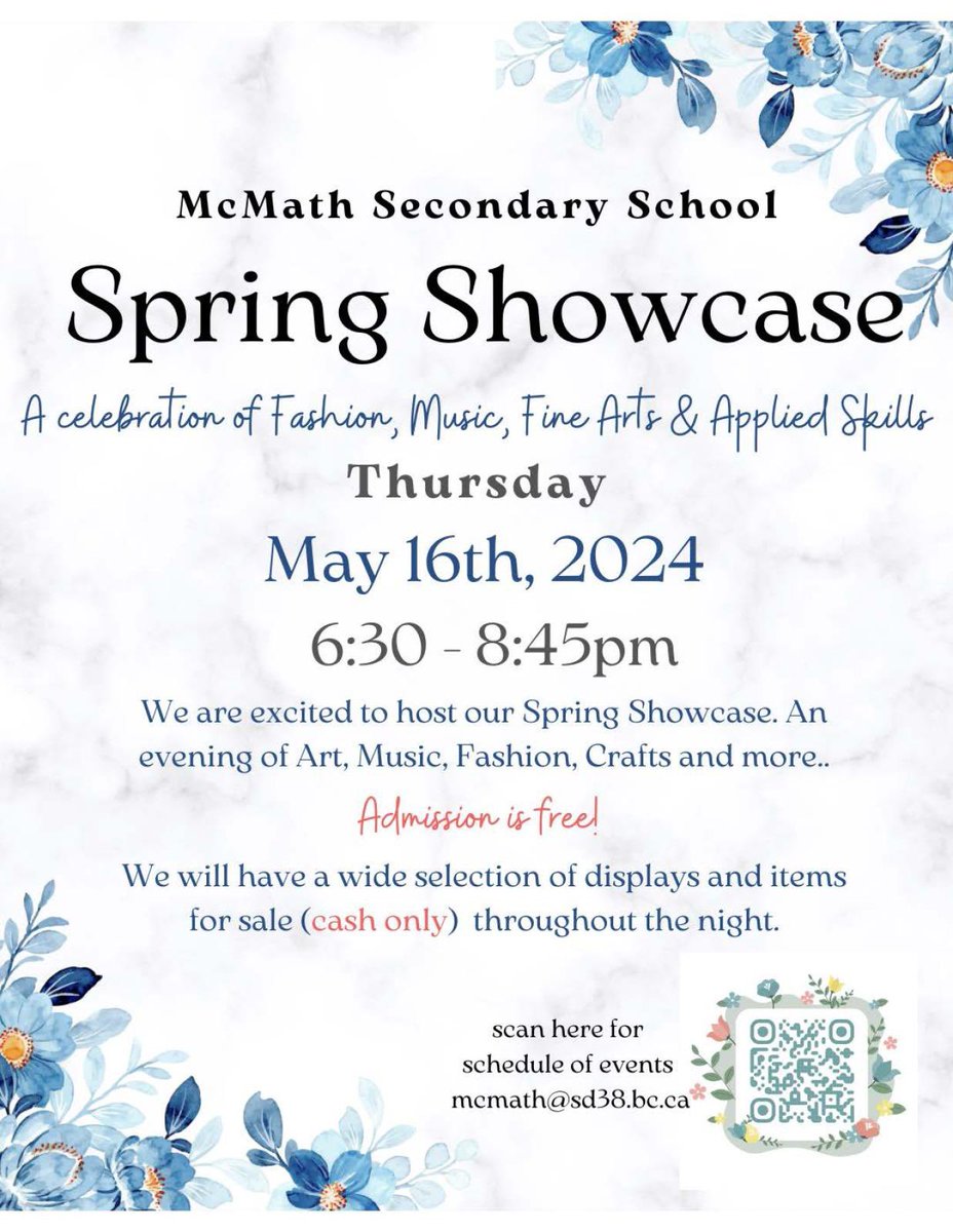 We are excited to host our Spring Showcase on May 16th @ 6:30 pm. Celebration of #Fashion, #Music, #Dance, #FineArts and #AppliedSkills. Admission is Free. We will have a wide selection of displays and items for sale (cash only) throughout the night.
@SD38Arts 
#WildcatTalent