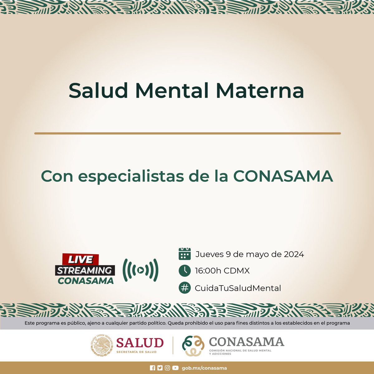 CecosamaNogales's tweet photo. En el marco de la celebración del #DíaDeLasMadres, te invitamos a ver nuestro programa #CuidaTuSaludMental en donde especialistas de la #CONSAMA abordarán este tema.
📷 Jueves 9 de mayo de 2024
📷 3 pm
#FBLive #PorLaSaludMental
Línea De La Vida 📷 8009112000 https://t.co/UjFNmHSbSS