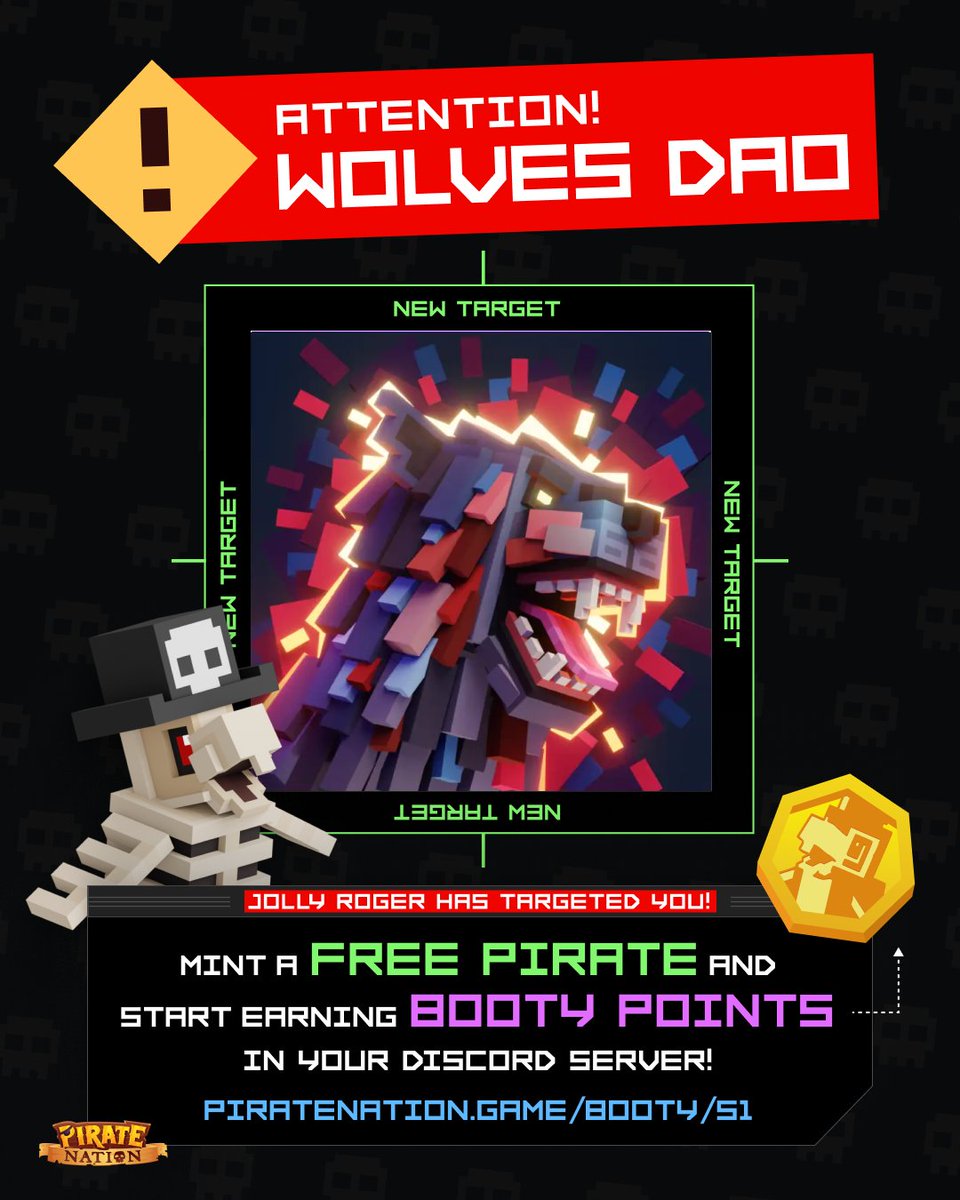 Welcome @WolvesDAO to the Jolly Roger 🏴‍☠️ For the next 48 hours, anyone holding a Wolves DAO NFT can mint a free Pirate, join the game, and start earning BOOTY Points. Mint your free Pirate here and start earning yer BOOTY now: piratenation.game/parley/wolvesd…