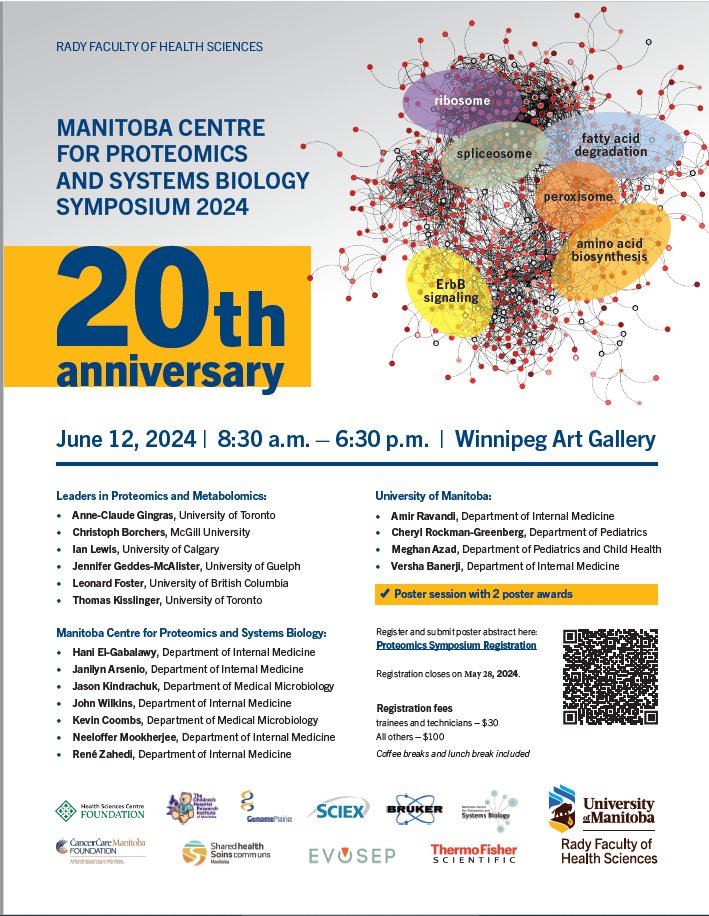 Join us for the 20th Anniversary of the Manitoba Centre for Proteomics and Systems Biology on June 12, 2024 @WinnipegArtGall To register and submit a poster : bit.ly/4ayjCmP @umanitoba @UM_RadyFHS Only 3 weeks left to register