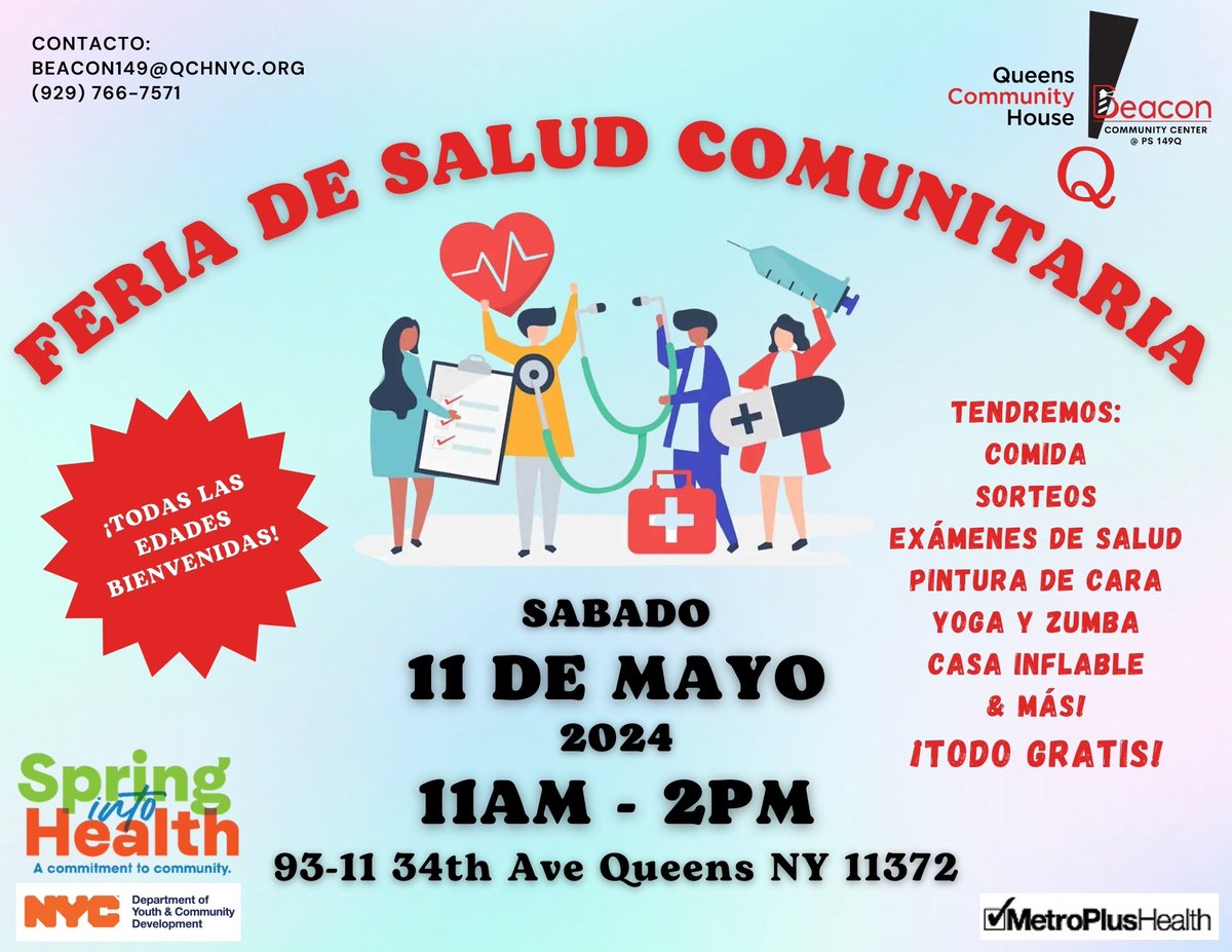 This Sat. 5/11 11am, our Beacon Community Center at PS 149Q will host its annual Community Health Fair at 93-11 34th Ave! 🙌 QCH is partnering w/ many orgs to bring Queens a day of health resources + fun activities for families + neighbors of all ages. Join us in Jackson Heights!