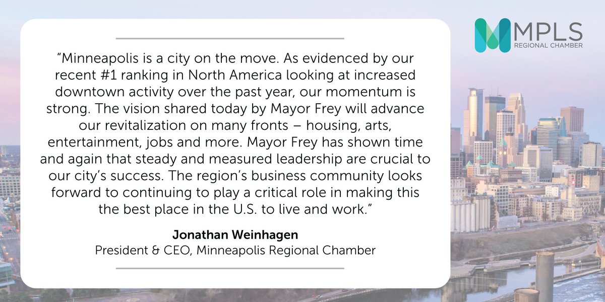 Minneapolis Regional Chamber (@mplschamber) on Twitter photo A message from our President and CEO <a href="/jweinhagen/">Jonathan Weinhagen</a>
regarding Mayor Frey's 2024 State of the City. A message from our President and CEO <a href="/jweinhagen/">Jonathan Weinhagen</a>
regarding Mayor Frey's 2024 State of the City.