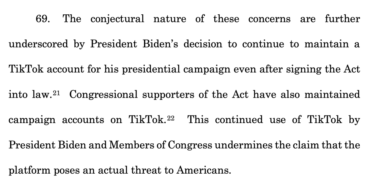 The Biden Campaign's apparent hypocrisy in continuing to campaign on the app while the Biden Administration moves to effectively ban it will be used against the TikTok Law. 18/