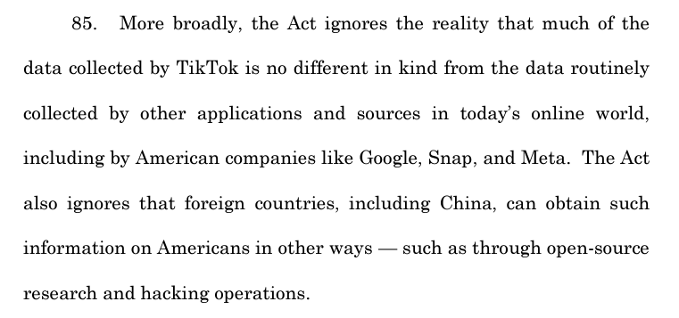 This, to me, remains the strongest argument against a TikTok ban. Even if you believe that China is using TikTok as a deep state plot (which as a reminder, there's no evidence of), it's futile to fix the pinhole leak in the wall if the ceiling is gushing water