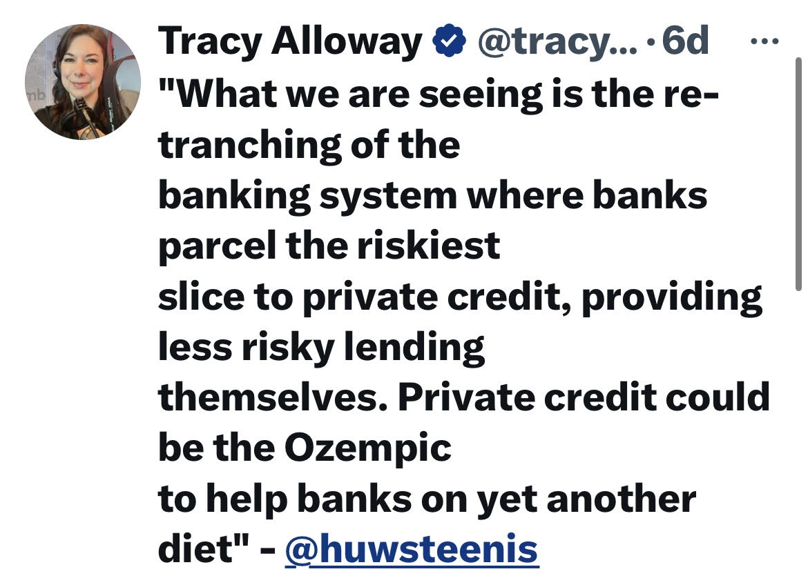 'What we are seeing is the re-tranching of the banking system where banks parcel the riskiest slice to private credit, providing less risky lending themselves' I argued in @Ft recently My meetings at Milken, so far, give me more conviction on this x.com/tracyalloway/s… /4