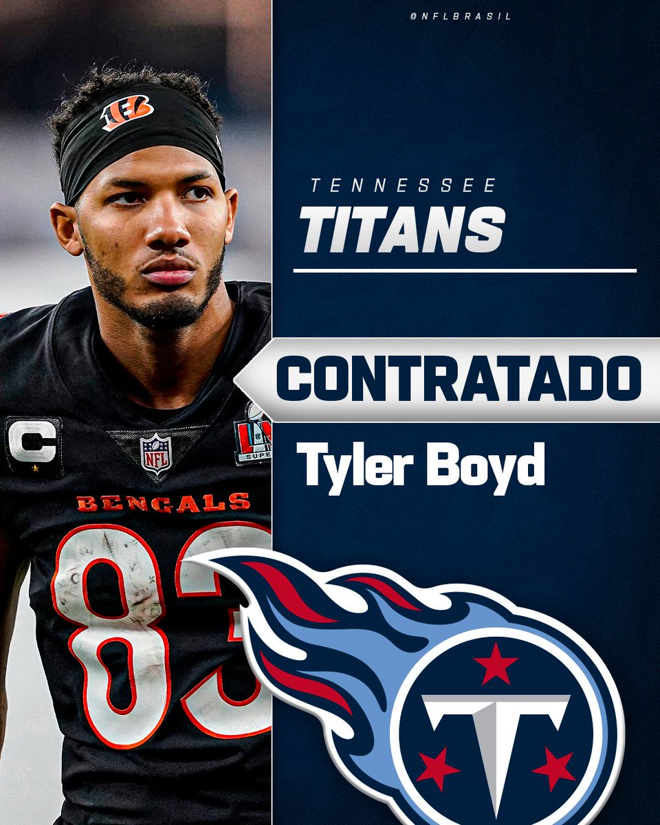 NOVO ALVO EM TENNESSEE! 😎 Os Titans acertaram a contartação do WR ex-Bengals Tyler Boyd. O veterano se junta a Calvin Rdiley e DeAndre Hopkins em um excelente grupo de recebdores. #NFLBrasil | #TitanUp