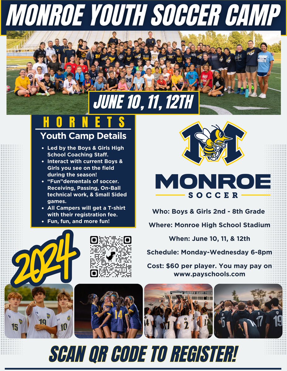 We’re a tad over a month away from our 2024 Monroe Soccer Youth Camp! Come join our staff, our players, and enjoy the three days in OUR environment. There’s definitely a 🐝 surrounding this camp! <a href="/HornetsInGame/">Monroe Athletics</a> 

Register here:  shorturl.at/diyS6