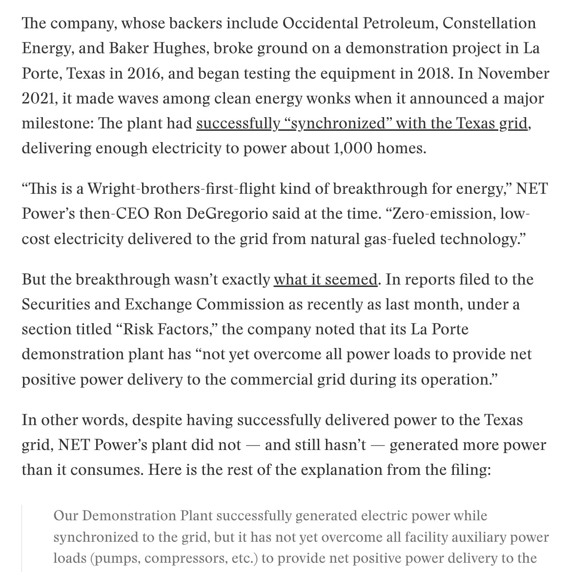 Quite a discovery in SEC docs from @emilypont: NET Power, which says it can generate electricity from natural gas without emitting carbon pollution, hasn’t yet achieved *net* power production. $NPWR
