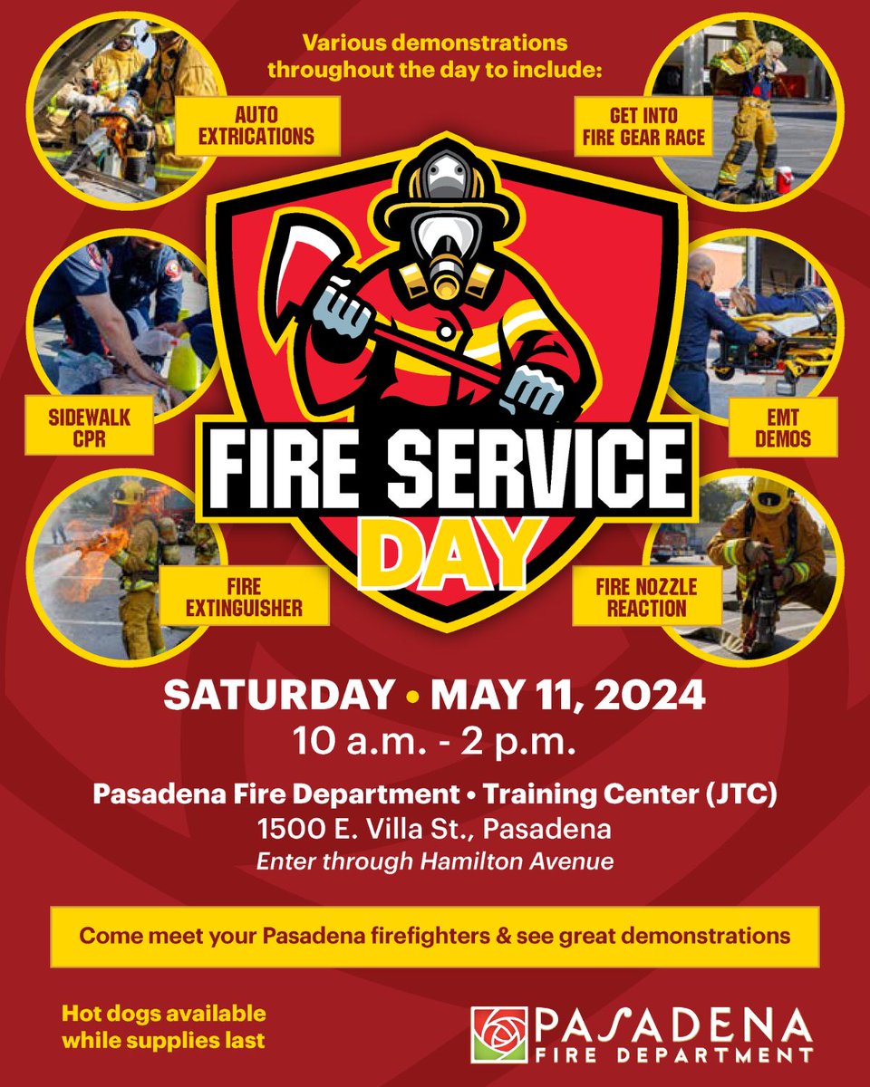 Join the Pasadena Fire Department (PFD) on Saturday, May 11 from 10 am to 2 pm for Fire Service Day at the Pasadena Fire Department Training Center (1500 E. Villa St.). Meet members of the PFD, view demonstrations such as Auto Extractions and Get Into Gear Races, and enjoy hot…