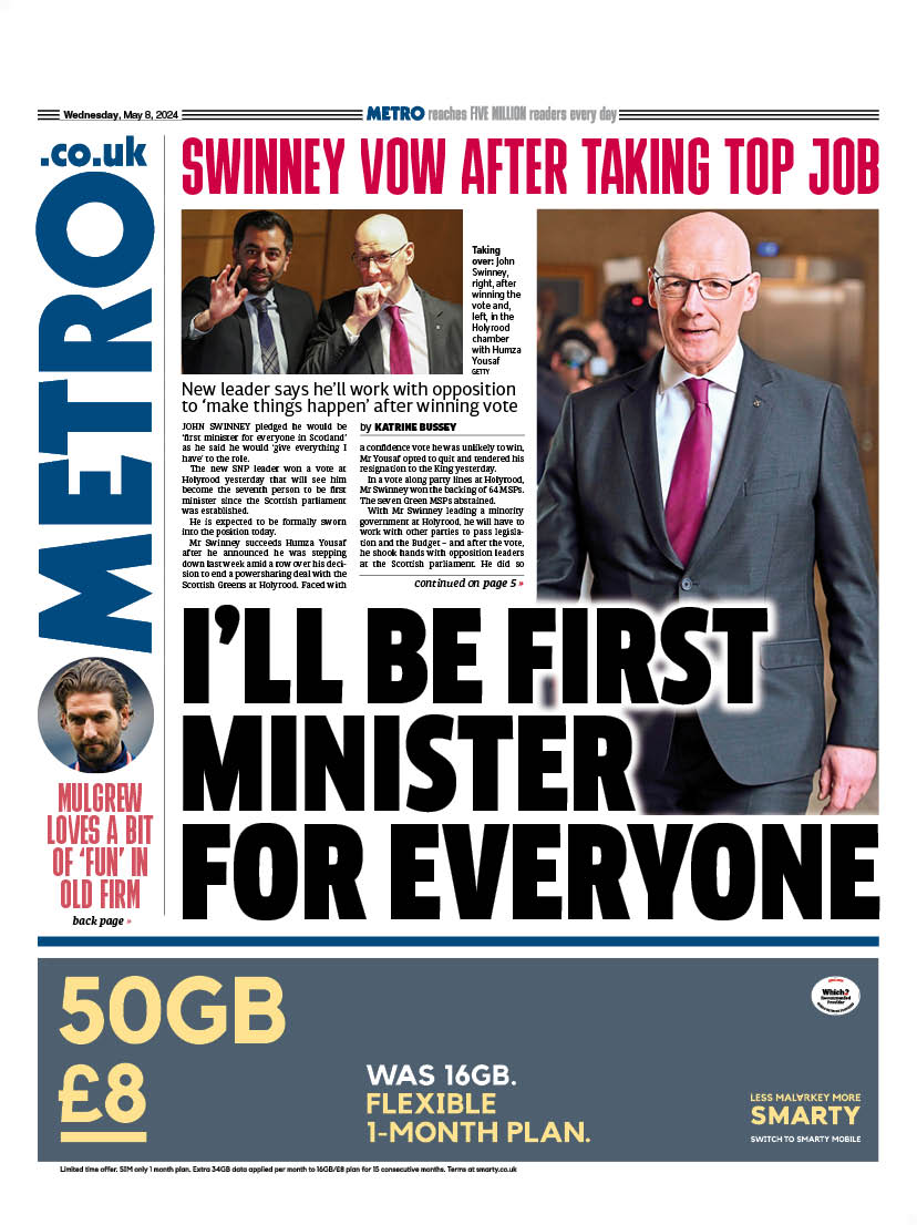 Wednesday's front page                                             

I’LL BE FIRST MINISTER FOR EVERYONE      

🔴Swinney vow after taking top job
🔴New leader says he’ll work with opposition to ‘make things happen’ after winning vote

#scotpapers #skypapers #bbcpapers