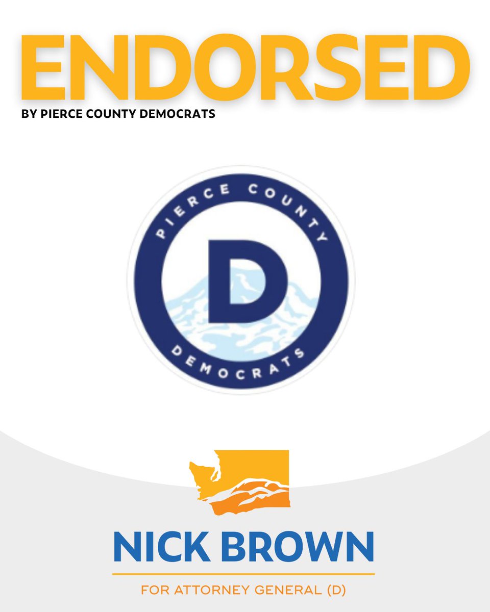 Proud to share that our campaign has received the endorsement of @piercedems! 🎉 Grateful for their support and excited to work together to advance justice for everyone in Pierce County and Washington. Let's keep pushing forward! #NickBrownForAG #JusticeForAll