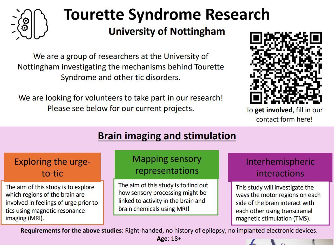 The University of Nottingham IS looking for volunteers to assist in understanding aspects like urge and tics through various projects, including brain scans and computer-based tasks. Please get involved if you can! buff.ly/3d6u78l #TouretteSyndrome #Tourettes