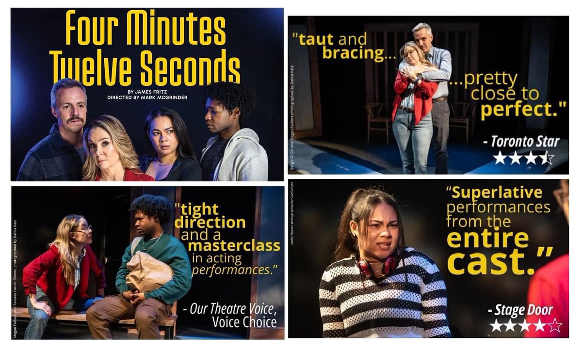 Final week for the wonderful @Stu180Theatre production of FOUR MINUTES TWELVE SECONDS at @TarragonTheatre, starring Megan Follows, Sergio DiZio, Jadyn Nasato and Tavaree Daniel-Simms. Less than 50 tix in total left for the whole run, so book them NOW! tarragontheatre.com/plays/2023-202…