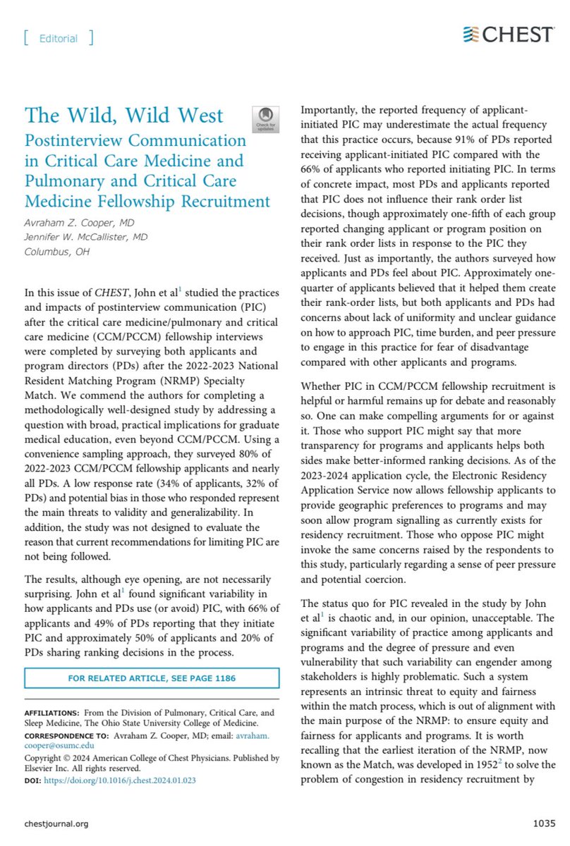 Our commentary on post-PCCM fellowship interview communication is out in @accpchest! @jennifer_jwm and I argue that the chaotic status quo must change. journal.chestnet.org/article/S0012-…