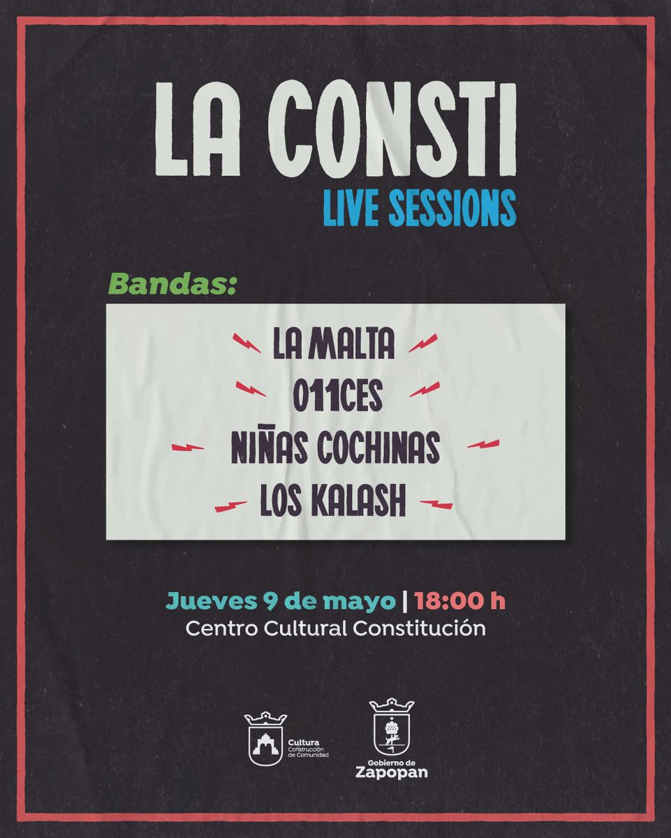 La Consti Live Sessions abre sus puertas para un concierto especial con cuatro talentos locales: #LaMalta, #O11ces, #NiñasCochinas y #LosKalash. Este jueves 9 de mayo a las 18:00 h en el Centro Cultural Constitución. Entrada libre.