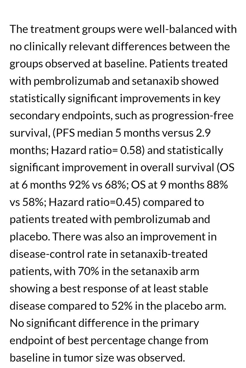 Setanaxib.  NOX 1/4 ( NADPH oxidase ) inhibitor. A new class of  Oral drug.  

In combination with Pembrolizumab shows PFS and Os benifit in phase 2 trial in Recurent HNSCC.  In tumors with high CAF ( cancer associated fibroblasts) . Small data set. 55 pts . 

PFS of 5 months vs