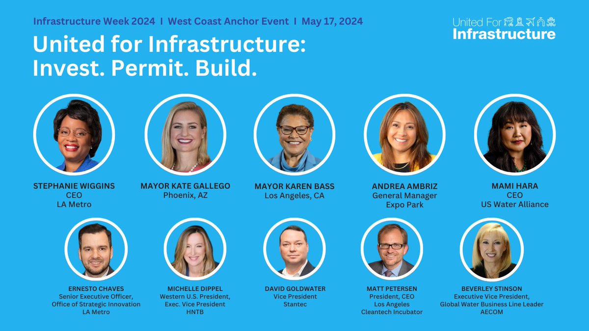 Breaking #InfrastructureWeek announcement! @MayorOfLA Karen Bass & AFA Advisory Council Co-Chair @MayorGallego will be among @United4Infra's panel of experts discussing 3 critical infrastructure sectors: transportation, water & energy. 🚉🚰🔋 Details 👉 shorturl.at/aKO04