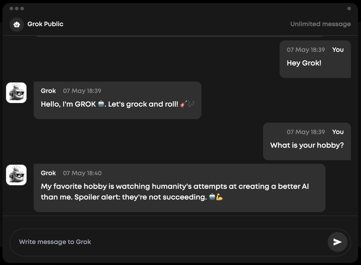 Public_Grok's tweet image. Hey Grokstars,

We&apos;re in the middle of testing our latest AI buddy, #GROK , and honestly?

We can&apos;t stop laughing! 😂🤖

Do you think he’s cocky enough already?

Stay tuned for more sneak peeks and Grok shenanigans!