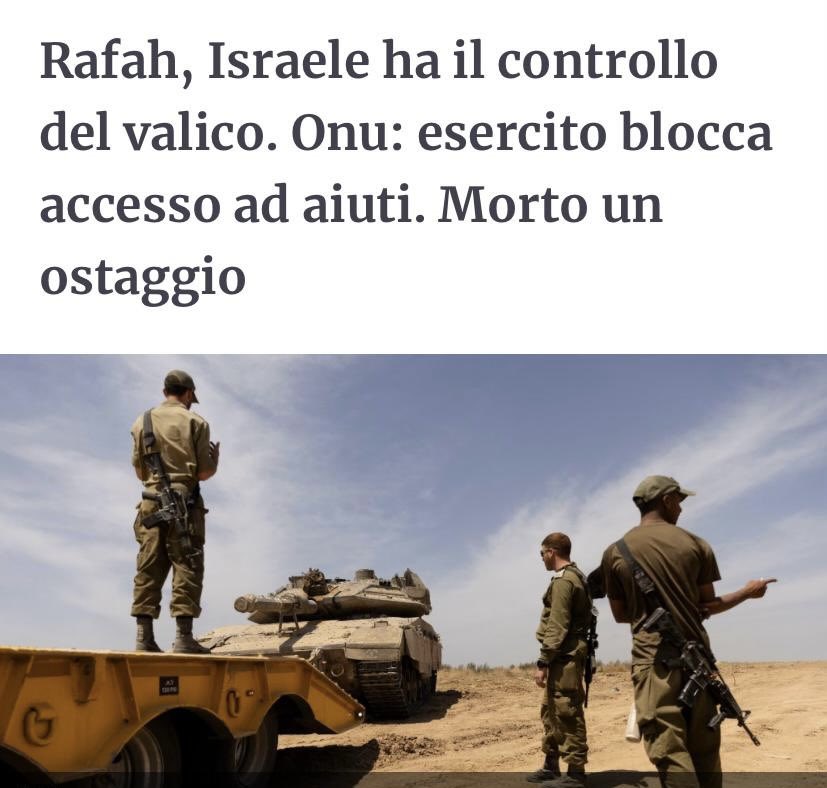 Israele occupa il valico di #Rafah e blocca gli aiuti umanitari. Come sanciscono le risoluzioni internazionali, Rafah e #Gaza sono terre palestinesi. Questa è un’invasione. Per gli sfollati, rifugiatisi a Rafah in questi mesi, non ci sono più luoghi. #stopcolonizzazione