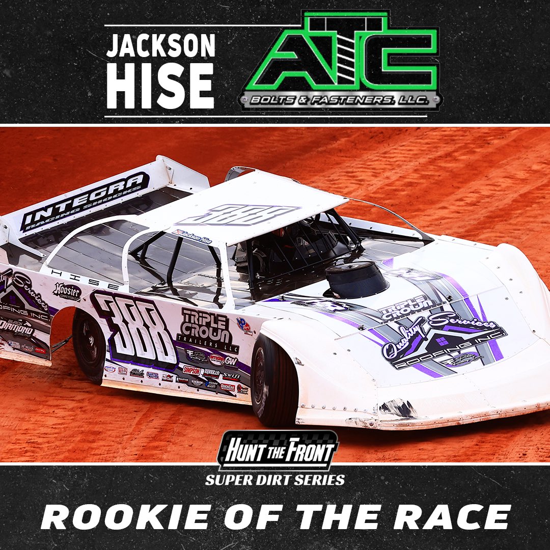 Jackson Hise extended his points lead in the ATC Bolts Rookie of the Year chase as he was Saturday’s ATC Bolts & Fasteners Rookie of the Race from @ULTIMATEandRV. @JacksonHise388 merch is available through the @HuntTheFrontSDS store at htfseries.shop. 👕