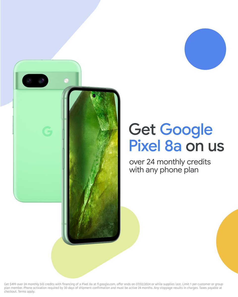 Can’t talk, the new @madebygoogle Pixel 8a is available for pre-order now 🎉 Get the Google Pixel 8a on us over 24 monthly credits when you sign up for any plan on Fi → goo.gle/3UqCL3o