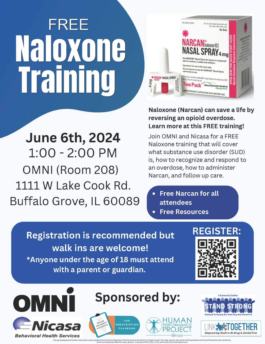 Join us June 6th, 2024 from 1-2 p.m. for a FREE Naloxone Training! Registration is recommended, but walk ins are welcome at 1111 W Lake Cook Rd. Buffalo Grove, IL 60089. There is FREE Narcan and FREE Resources for all attendees. We hope to see you there!