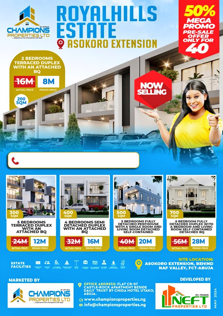 New Site Alert! We are excited to introduce you to one of our Newest Sites RoyalHills strategically located at Asokoro extension behind NAF Valley Asokoro.
For more enquiry Dm 08036069142