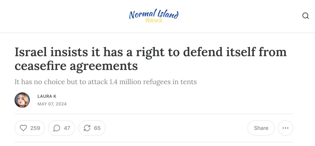 Another searingly brilliant @LKTranslator piece at the intersection of parody & hardcore reality, taking a scalpel to US govt's blinding complicity in Israel's (plausible, alleged) genocide. 'Israel has a right to defend itself from ceasefire agreements' normalisland.co.uk/p/israel-insis…