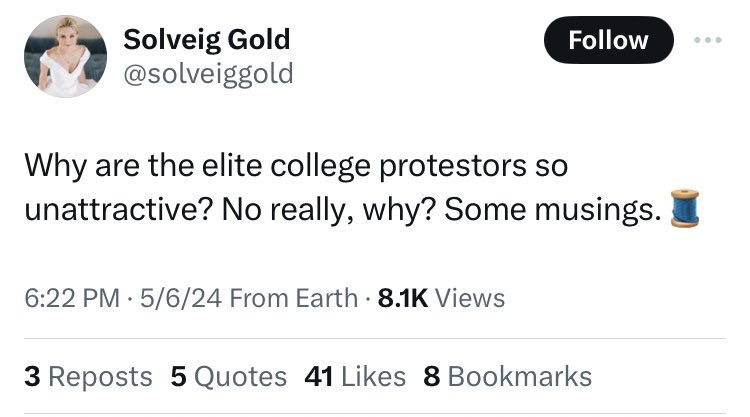 “the protestors are ugly” has traveled through the digestive systems of the tucker carlsons and the bill mahers, been passed to the streamers and groyper posters, and finally the anti-woke academics have picked it up off the forest floor and are digging in