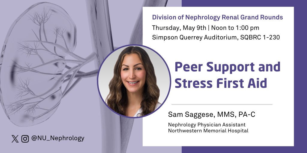 Join us this Thursday, May 9th, for a presentation by Sam Saggese, MMS, PA-C, a Physician Assistant specializing in Nephrology. Saggese will discuss Peer Support and Stress First Aid. Please note that this event is exclusively in-person and will not be recorded.