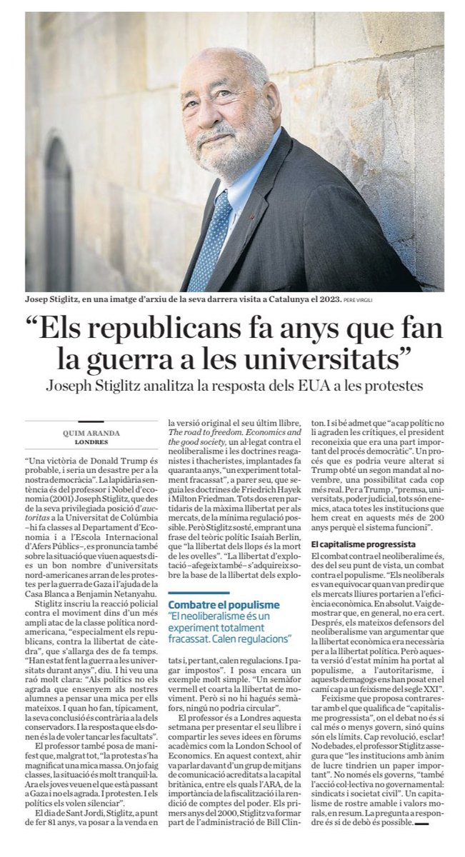 Joseph Stiglitz: 'Els republicans fa anys que fan la guerra a les universitats', @ArandaQuim @diariARA @aragayi @estherveraARA @recercauniscat @quimnadal @ACUPcatalunya @QuimBrugue @subirats9 @CarlesRamio @jlmarti2075 @eponsf @JordiValls13 @ganyet