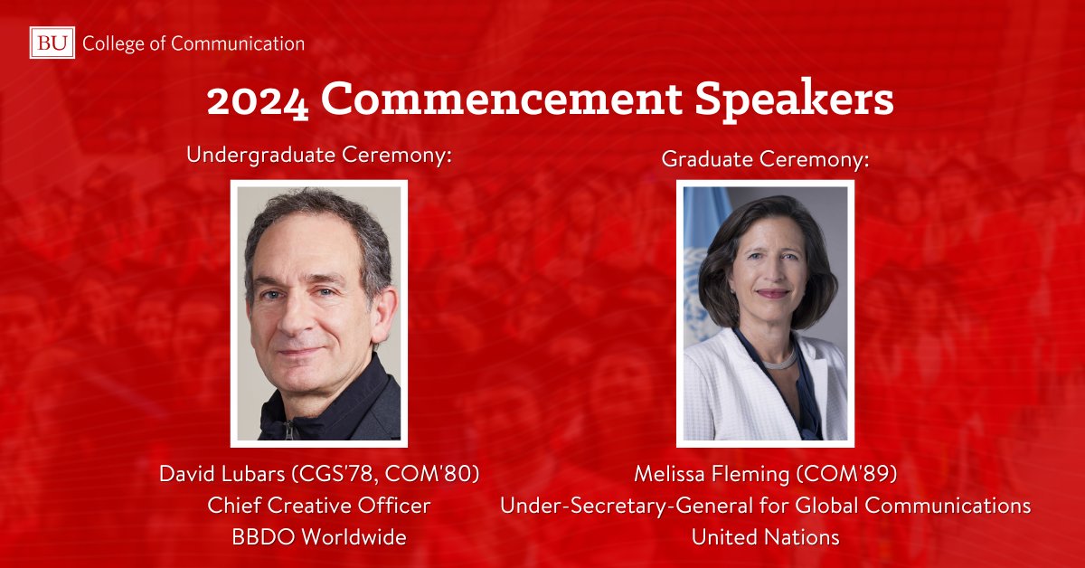 Announcing our 2024 Commencement Speakers! Our Undergraduate Convocation will be held at 9am on Friday May 17 at Agganis Arena. Our Graduate Convocation will be held at 3:00pm on Friday May 17th at Walter Brown Arena. We look forward to celebrating with our #COMmunity!