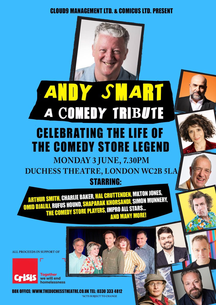 A night of comedy in tribute to a wonderful jokester and friend. The lineup is RIDICULOUS so get your bums down to the Duchess Theatre on 3rd June and let’s raise some proper cash for @crisis_uk 💪🏻 @omid9 @ShappiKhorsandi @themiltonjones @RufusHound @ArfurSmith and many more!