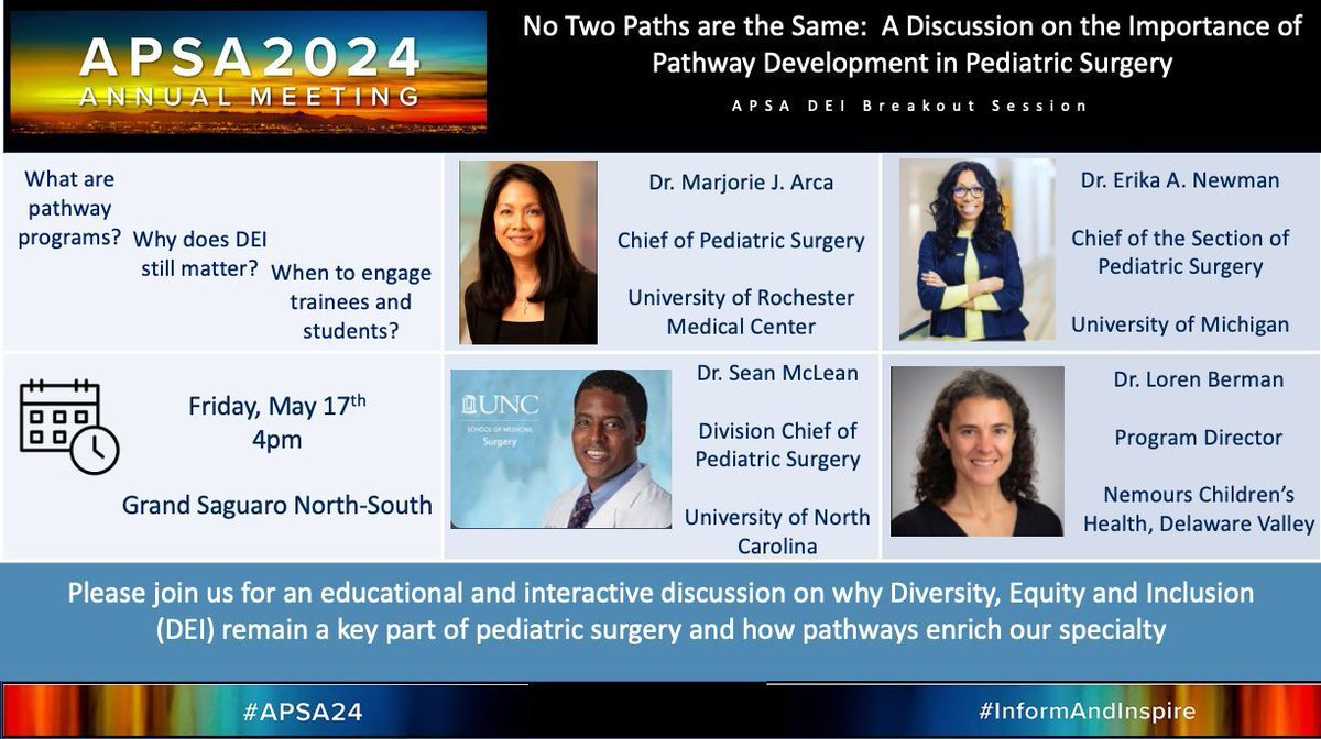 No Two Paths are the Same: Discussion on the Importance of Pathway Development in Pediatric Surgery. Join us at #APSA24 for an educational and interactive discussion on why Diversity, Equity and Inclusion are a key part of pediatric surgery and how pathways enrich our specialty.