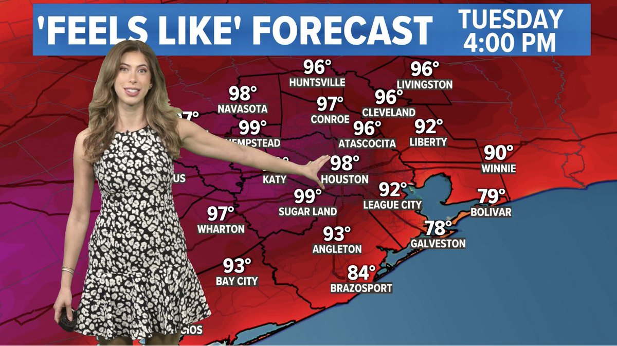 Toasty Tuesday!🌡️ Actual Air Temps: upper 80s Feel Like (With Humidity): upper 90s On the plus side—no rain✅ **next storm chance is Thursday evening** @KHOU #khou11