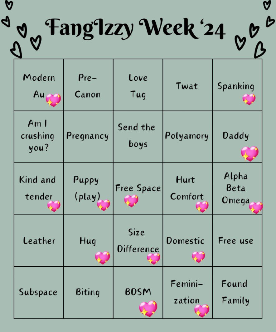cananpoilot's tweet image. @FangIzzyWeek YIPPEEEEE i got bingo!!! you can find all my prompt fills for fangizzy week on my a03 ❤️❤️❤️❤️ this was so fun!!! i love you all!!!!