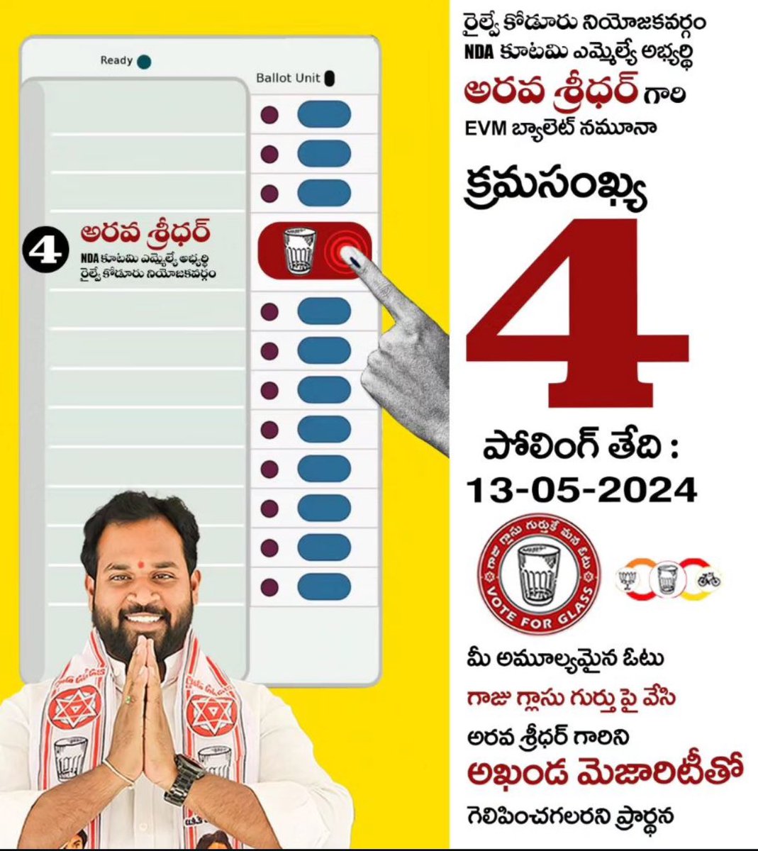 Presenting you JSP MLA candidate Arava Sreedhar from Railway Kodur Constituency. Please vote for TDP-JSP Alliance in your constituency🙏